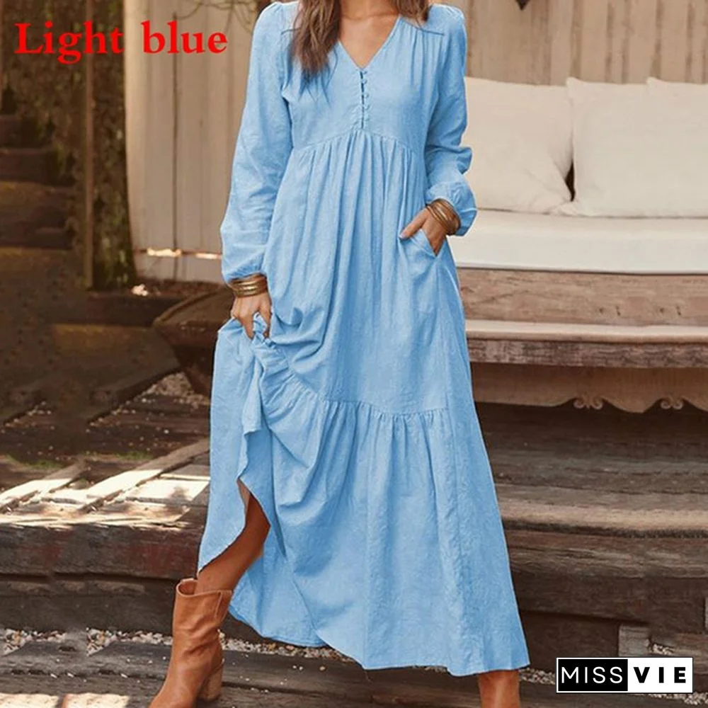 Autumn and Winter Women's Fashion Casual Button Retro Long-sleeved Dress