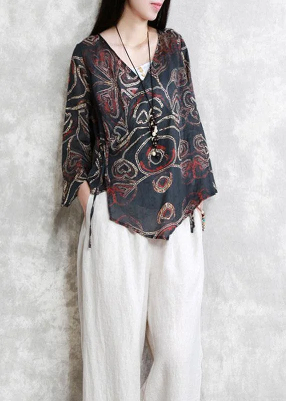 Fine Black Print Asymmetrical Design Fall Blouses Three Quarter Sleeve