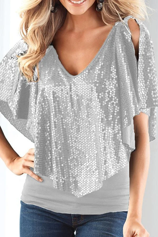 Womens Sequined V-neck Sexy Shawl Sleeve T-shirt-Allyzone-Allyzone