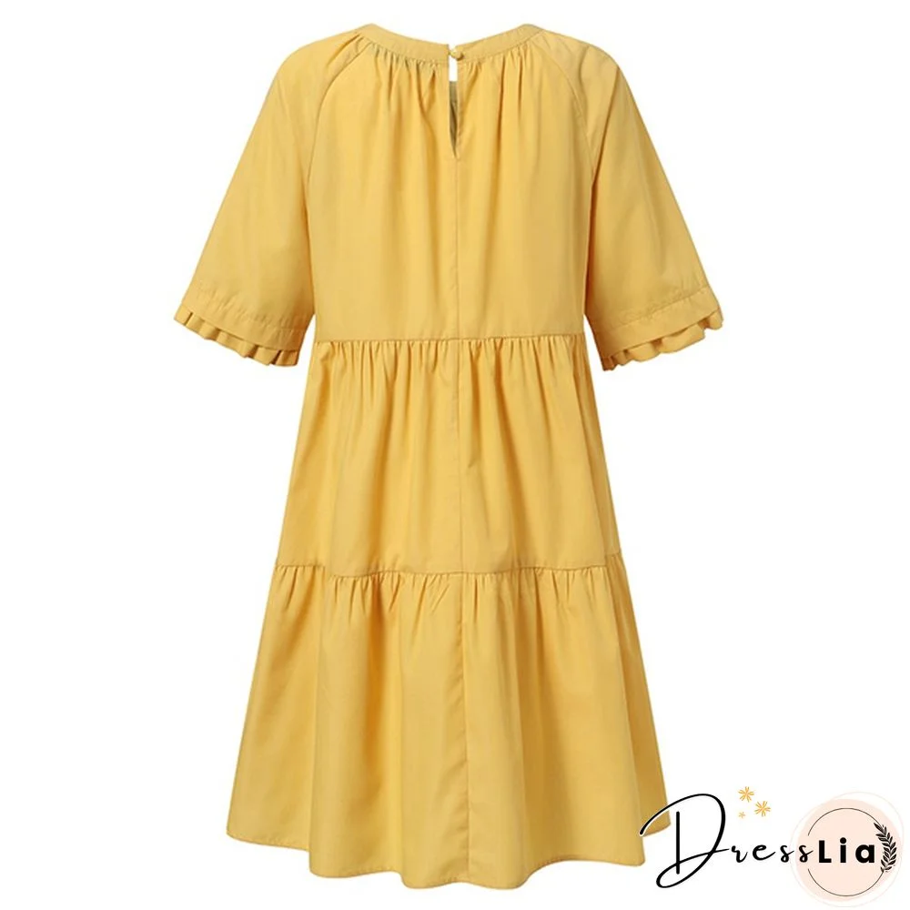 Women Casual Loose Elegant Mini Dress Summer Short Sleeve Party Pleated A Line Dress Plus Size Kleid