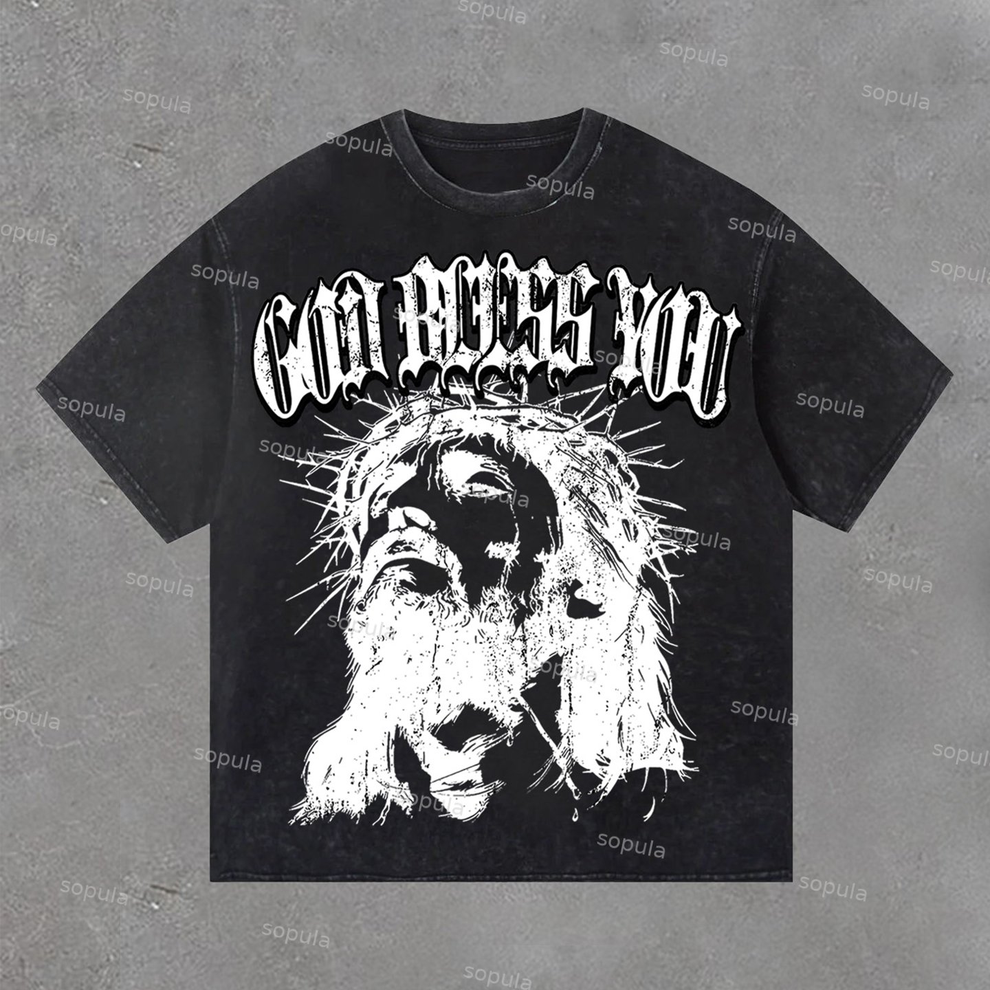 Vintage Jesus Portrait God Bless You Print Acid Washed T-Shirt - Sopula｜Premium Graphic Tees & Graphic Clothing