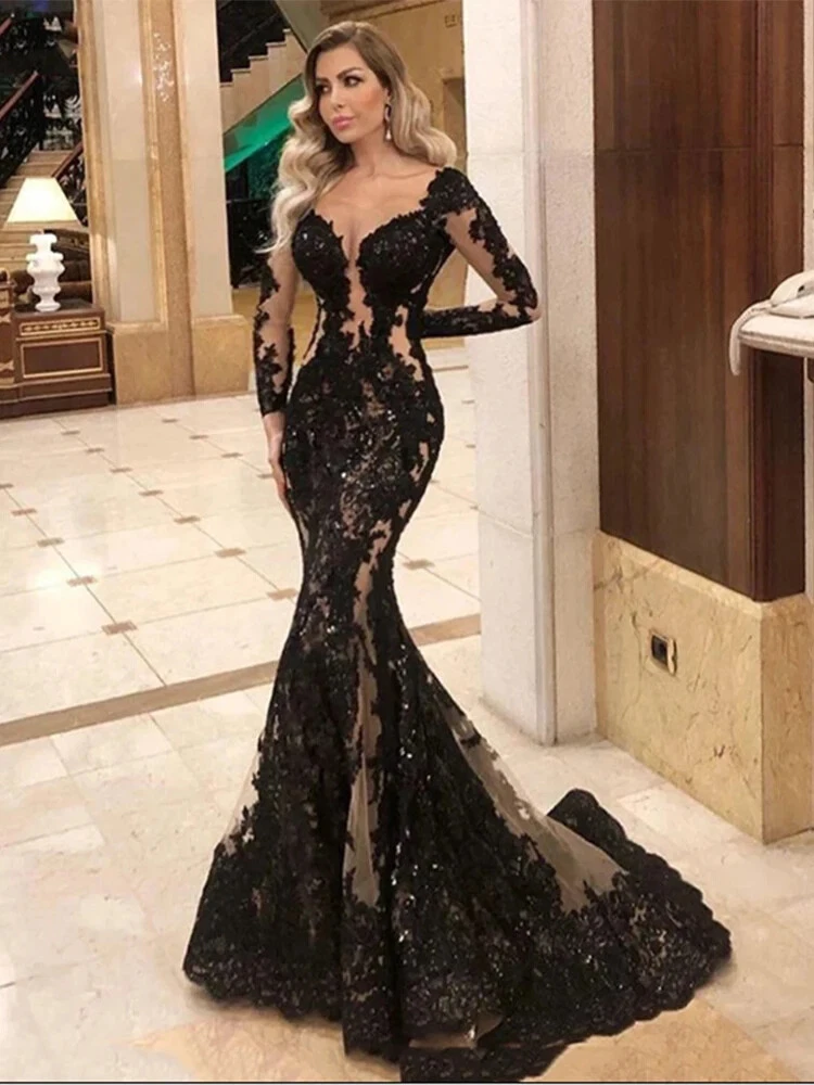 Daisda Charming Black Applique Lace Long Sleeves Strapless Mermaid Long Prom Dress