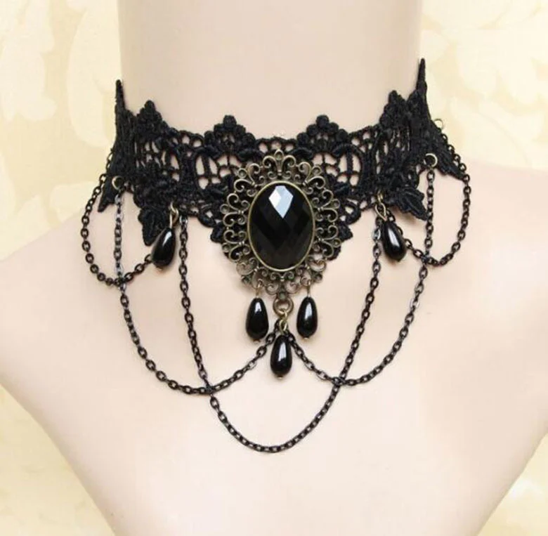 Retro court gothic personality multi-layer crystal lace necklace