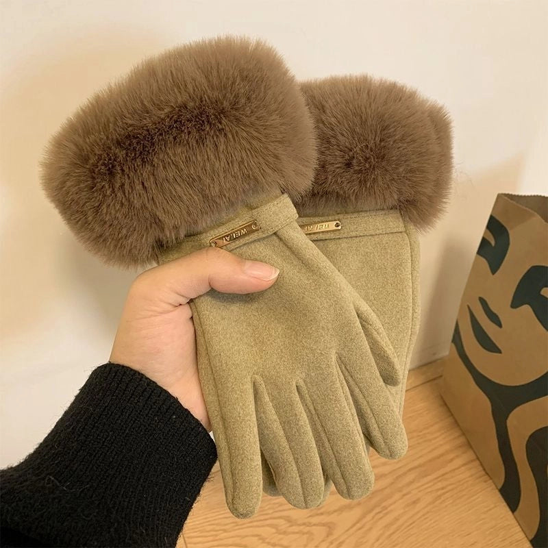 De Fluff Mouth Women’s Gloves Warm Windproof Riding Fleece-lined Thickened Outdoor Winter Finger Gloves