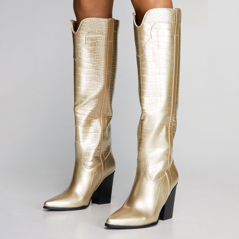 Gold Metallic Croco Embossed Knee High Cowgirl Boots with Chunky Heel