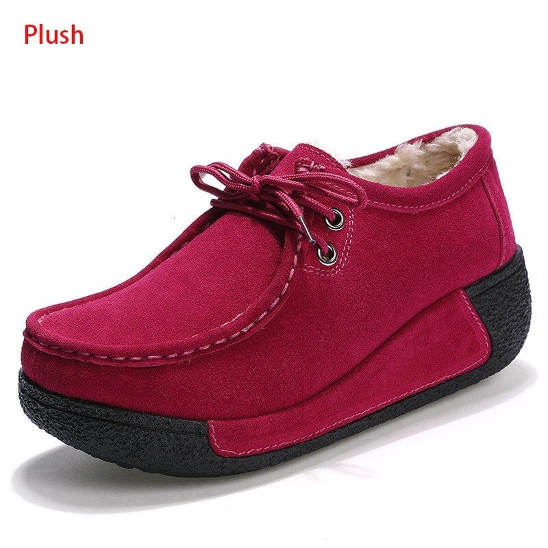 Genuine Leather Platform Flat Shoes Women Lace Up Plush Nubuck Cow Suede Sneakers Ladies Swing Shoes Wedge Shallow Espadrilles