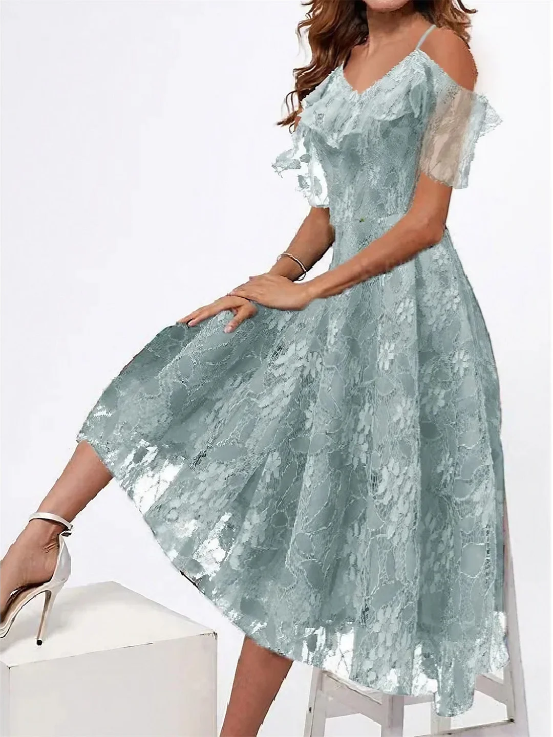 Women's Short Sleeve V-neck Cold Shoulder Lace Stitching Midi Dress