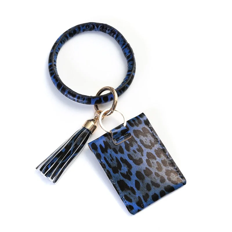 PURDORED 1 Pc Classical Leopard Pattern Wrist Card Case for Women Pu Leather Bracelet Bank Coin Purse Bracelet Key Chain Ring
