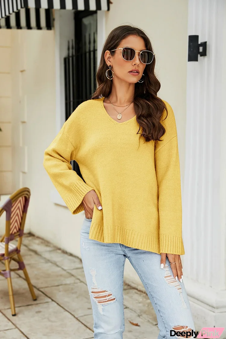 Drop Shoulder V-Neck Knit Pullover