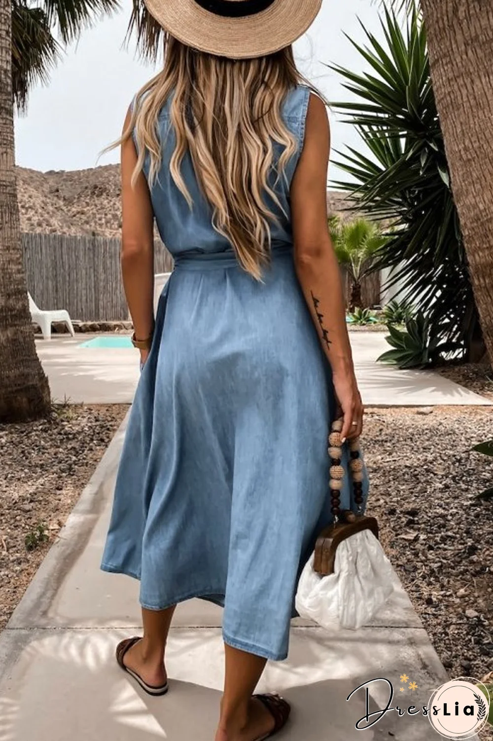 Denim Single-Breasted Belt Sleeveless Dress