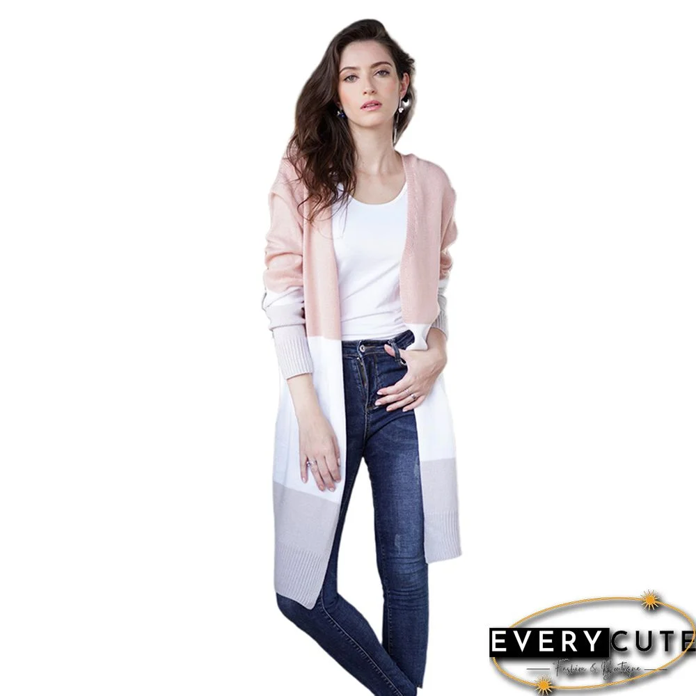 Pink White Colorblock Casual Cardigan