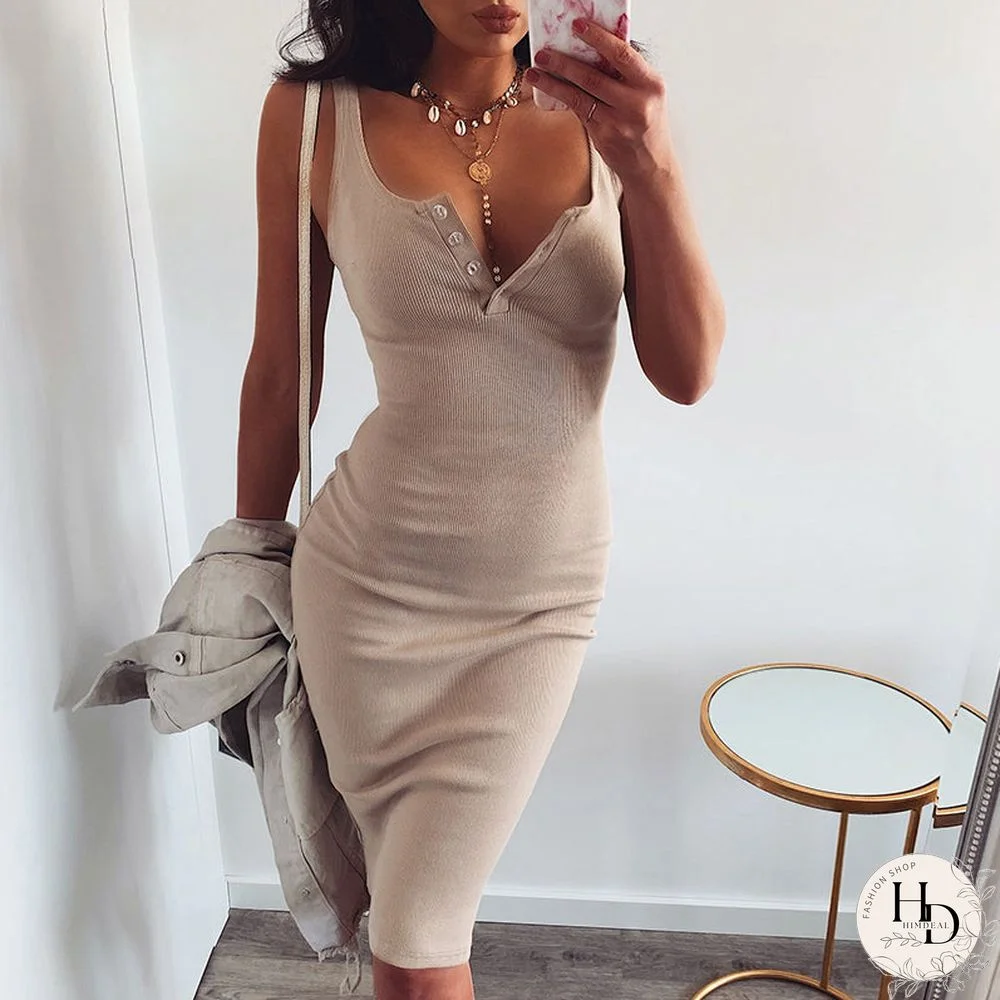 Knee-Length Dress Knitted Elastic Sleeveless Bodycon elegant Women Summer Sexy V-Neck Button Party Slim Dresses