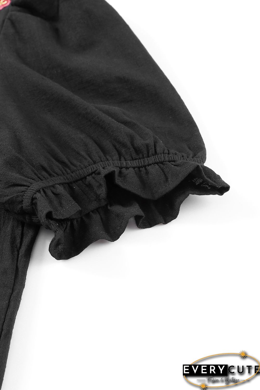 Black Floral Embroidered Ruffled Puff Sleeve Blouse
