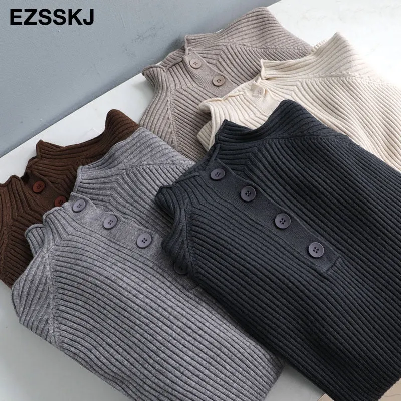 autumn winter thick women's sweater 2020 loose warm oversize Sweater Pullover button women's turtleneck sweater long sleeve