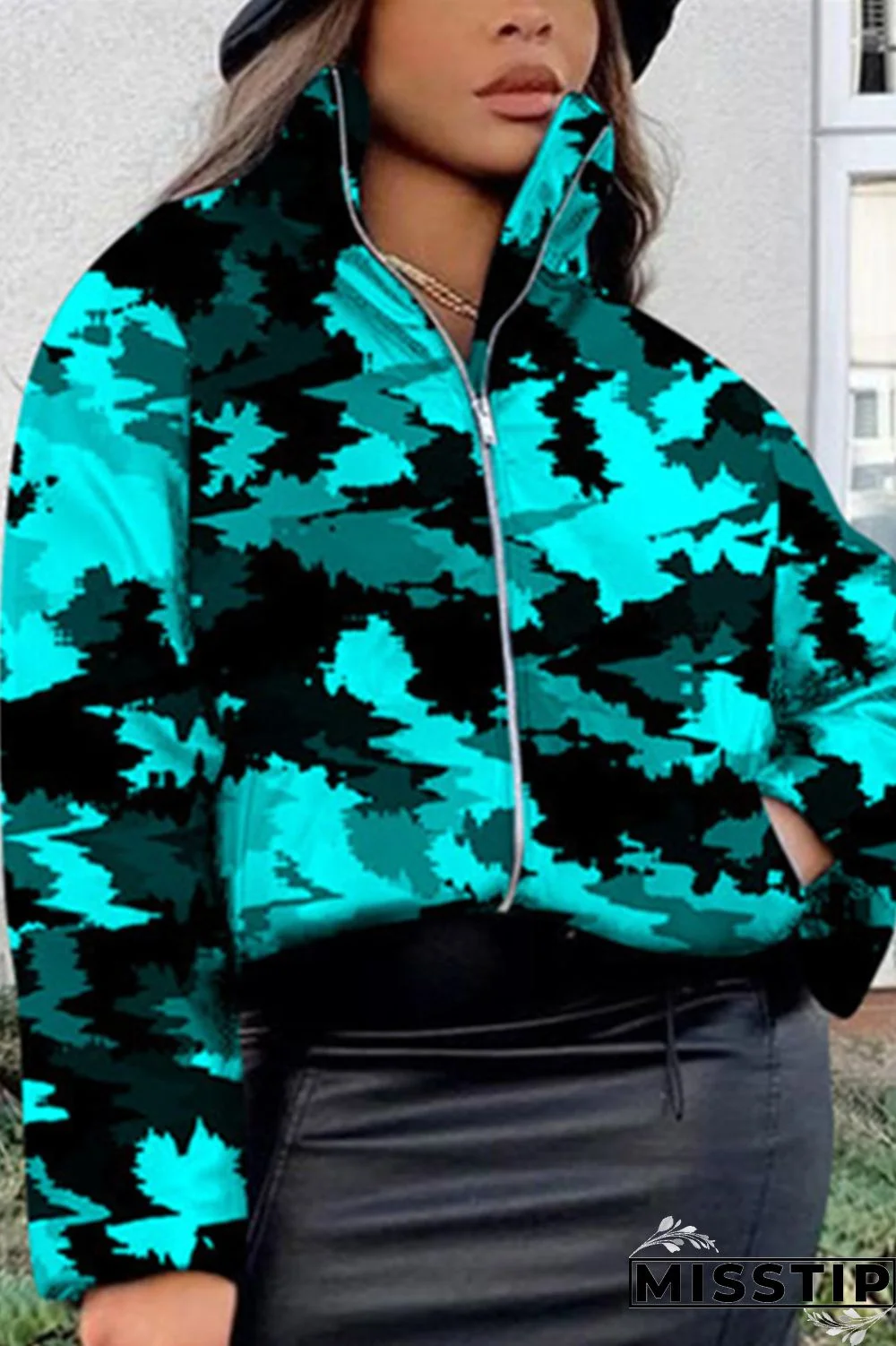 Cyanine Fashion Casual Print Basic Mandarin Collar Outerwear