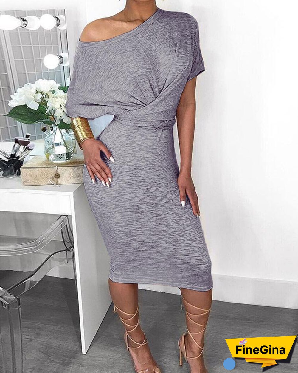 Short Sleeve Ruched Design Bodycon Dress P14779