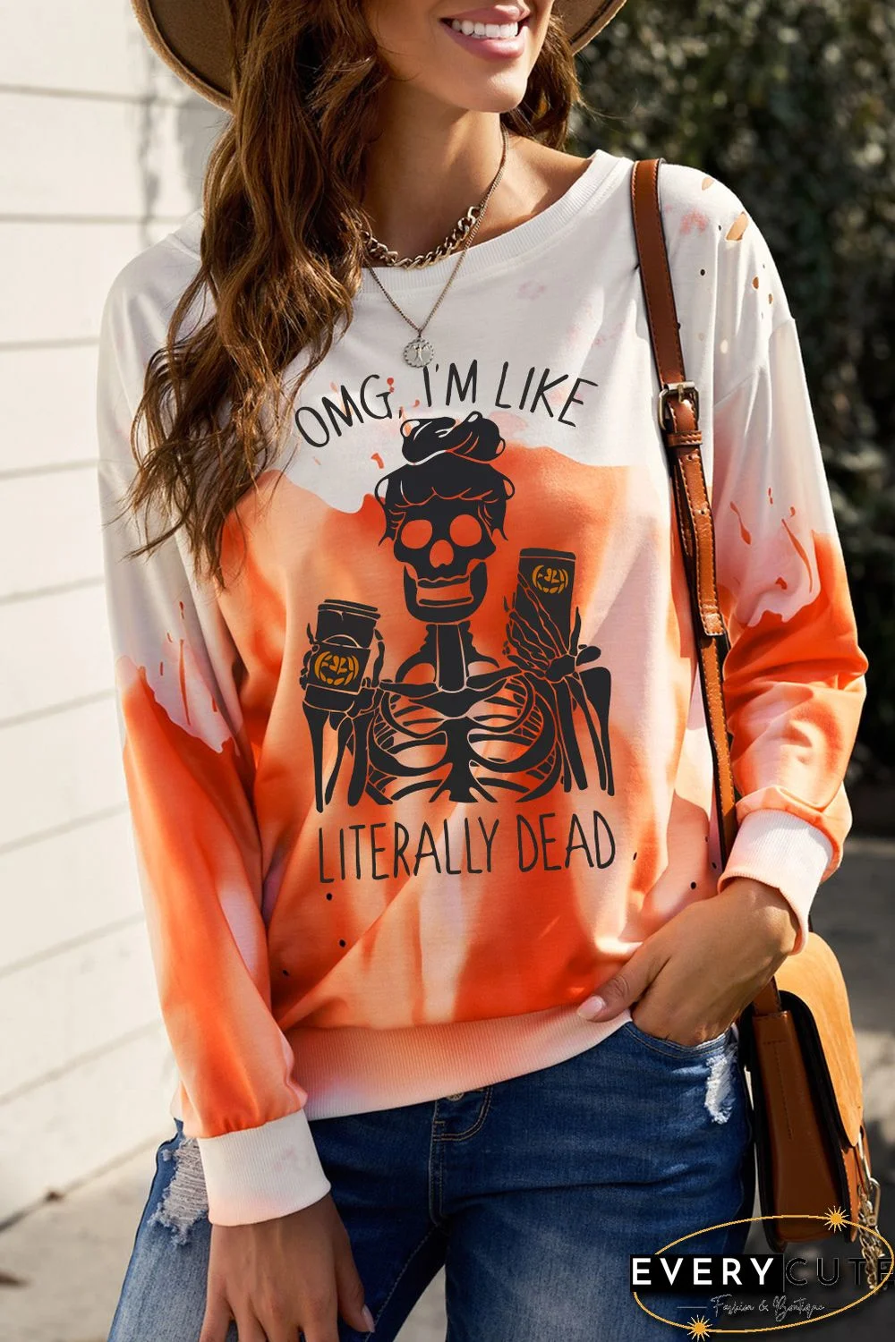 Orange Skeleton Letter Tie Dye Print Pullover Sweatshirt