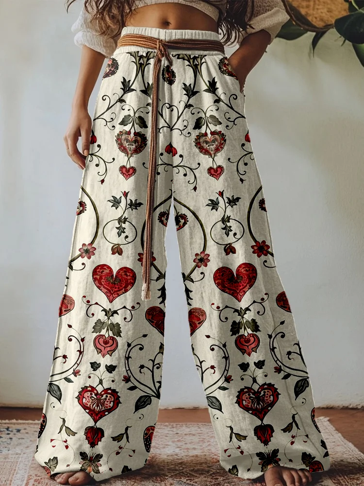 Vintage Floral Heart Pattern Linen Blend Casual Pants