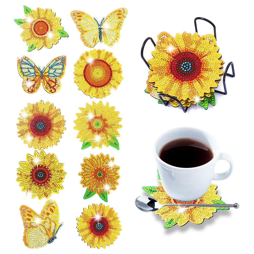 10Pcs DIY Wooden Butterfly Sunflower Coasters Diamond Painting Kits