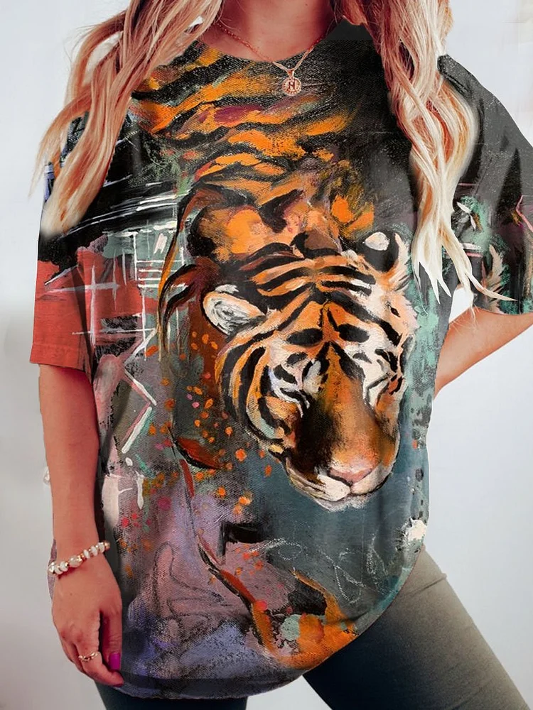 Women's Abstract Tiger Art Print Crew Neck Causl Shirt