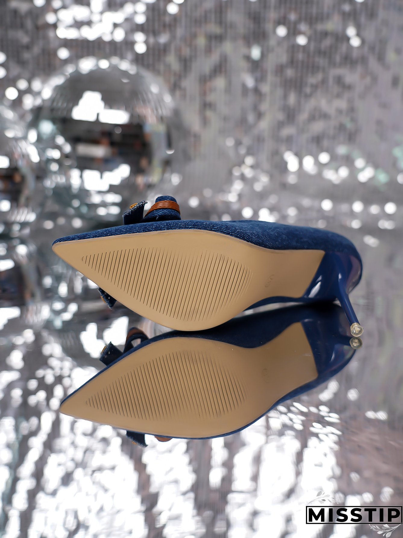 Women denim bow stiletto heels