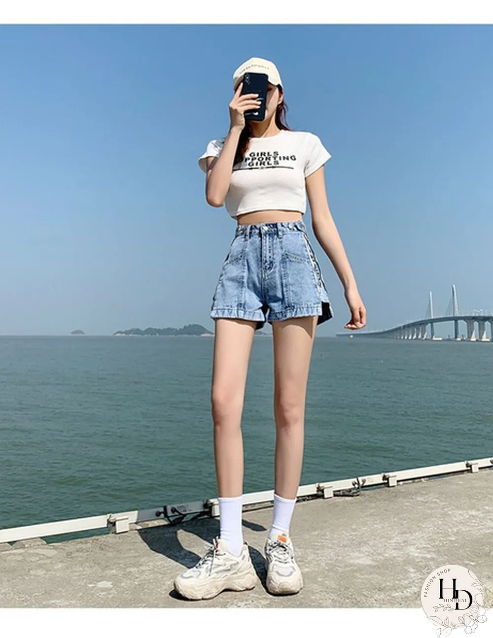 Women's Denim Shorts zipper slit stretch adjustable summer relaxed NEW