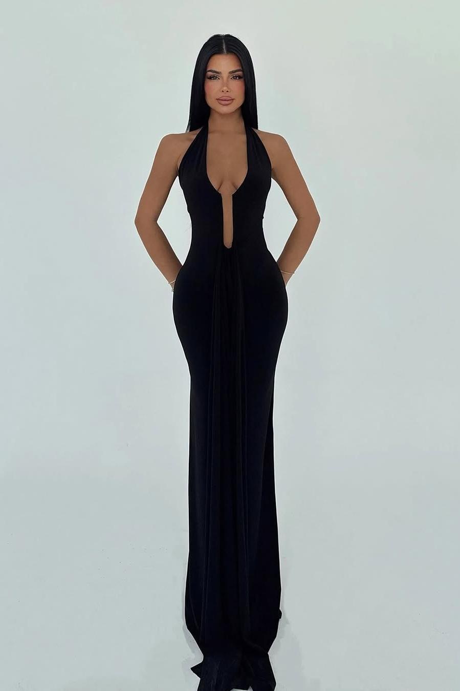 Lussooy Black Simple Satin Halter Sleeveless Backless Long Slim Prom Dress 