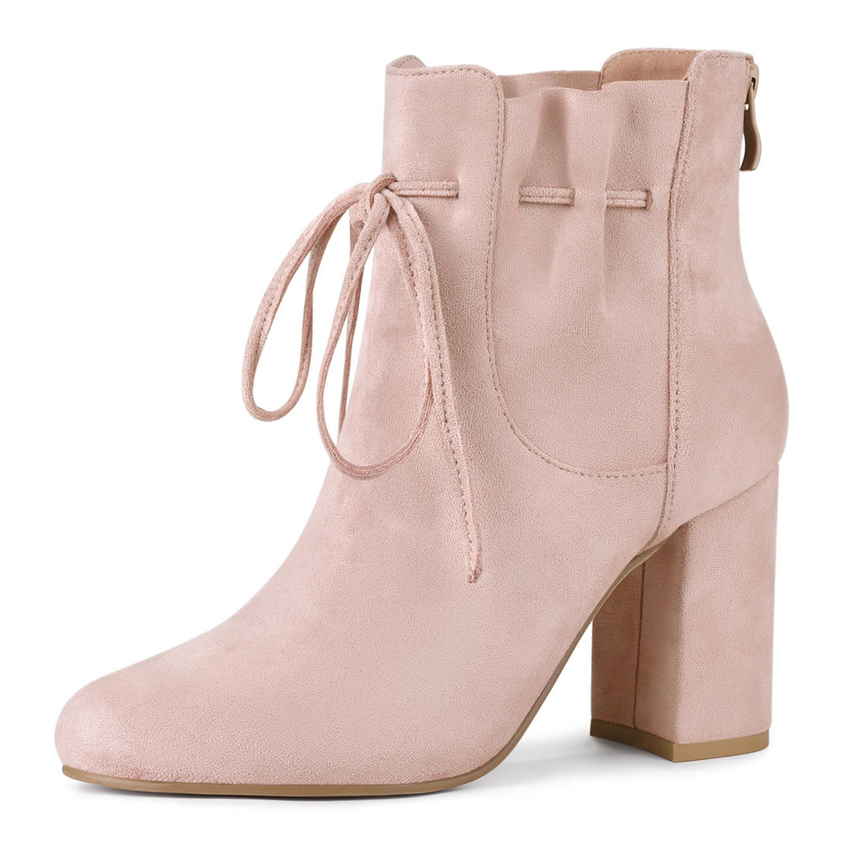 Tie Styling Round Toe Chunky Heel Back Zipper Ankle Boots in Pink Nicepairs