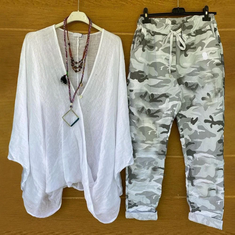 Camouflage Drawstring Cuffed Pants White Tunic 2-Piece Set