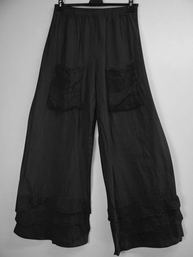 Casual Plain Mid Rise Pocket Wide Leg Pants