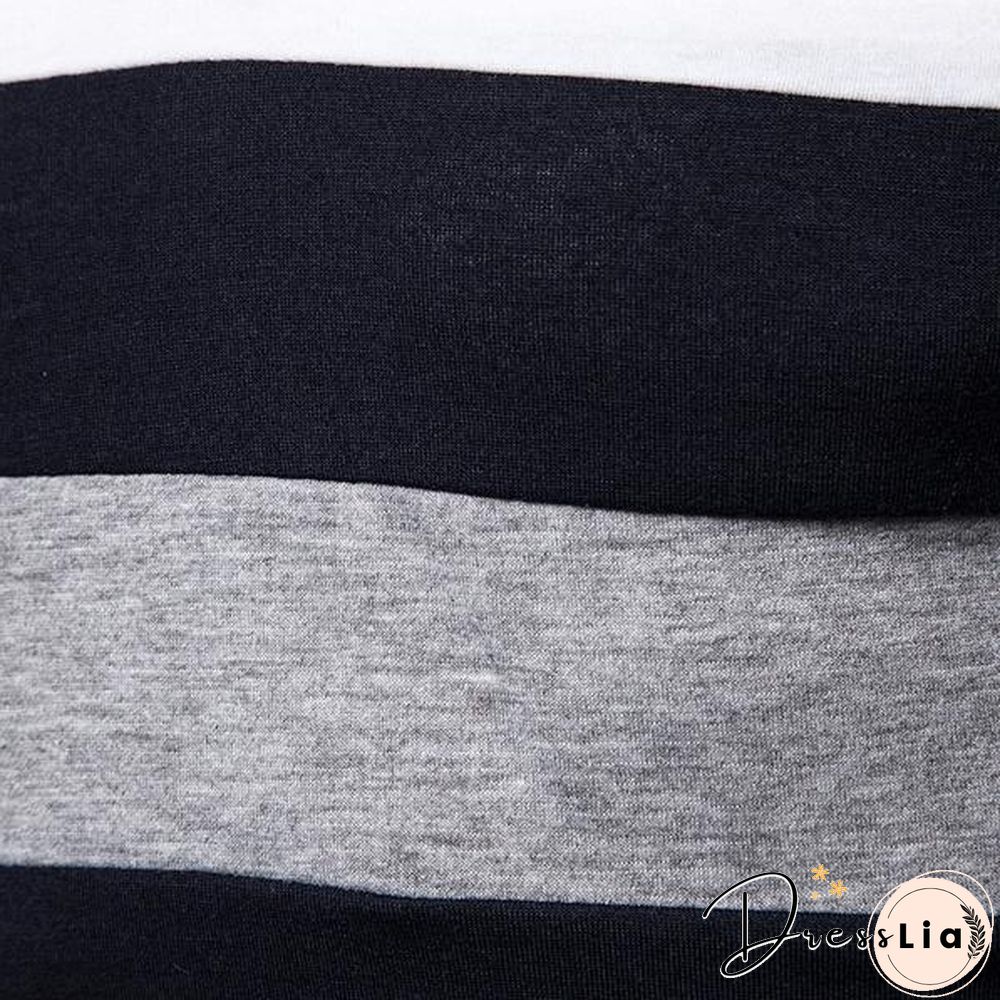 Fashion Men Lapel Long Sleeve Tri-color Striped Stitching Shirts