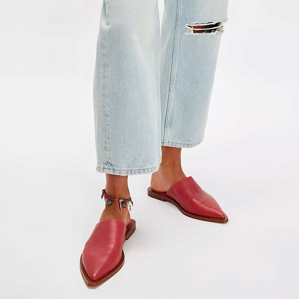 Red Gore Inlay Pointed Toe Slip On Flat Women's Mules Shoes Nicepairs
