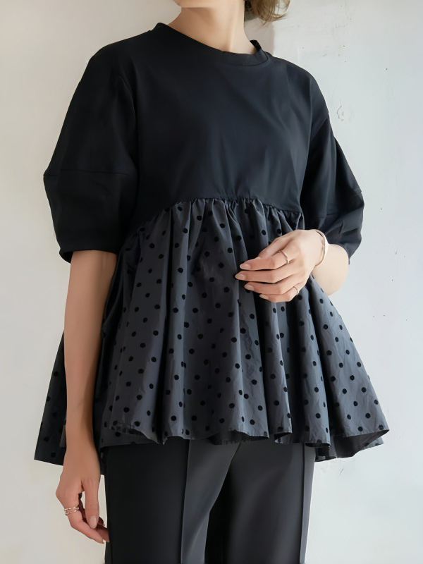 Polka Dot Print Patchwork Round Neck Puff Sleeve T-shirt