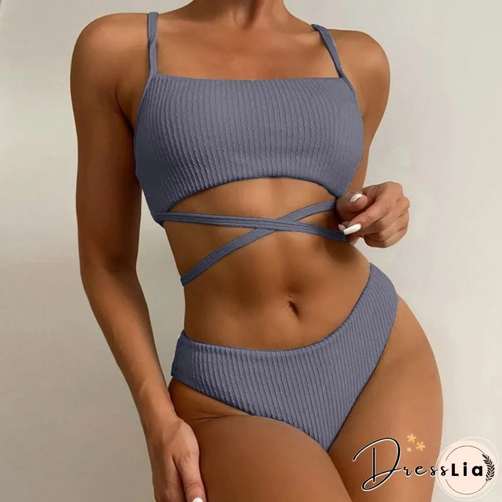 Sexy Bandage Cross Tie-up High Waist Swimwear Women Solid Rib Spaghetti Straps Bikini Set
