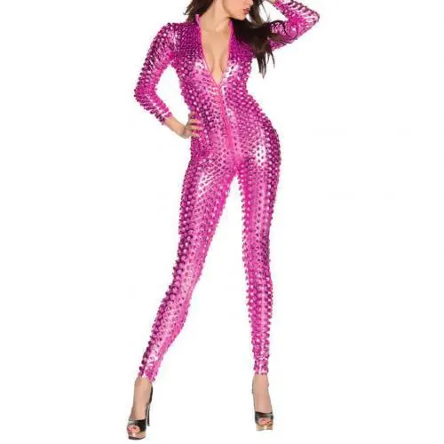 Women Mesh Hole Zipper Faux Patent Leather Tight Jumpsuit Nightclub Bodysuit faux patent leather and one-piece jumpsuit design