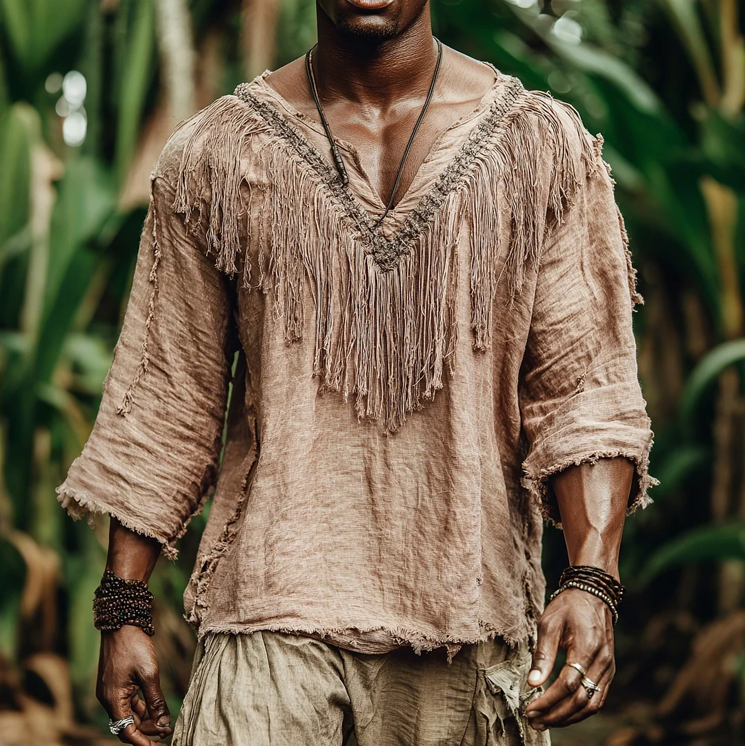 Men's Loose Linen V-Neck Long-Sleeve T-Shirt Jungle Holiday Casual Tassel Top-inspireuse