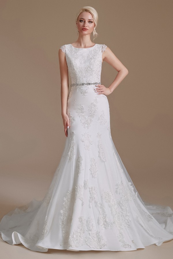 Bellasprom Brilliant Mermaid Long Wedding Dress With Tulle Lace Jewel Bellasprom