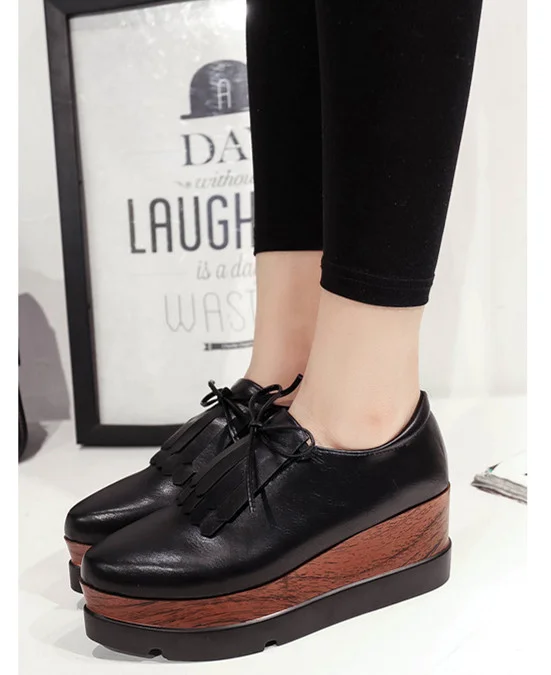 Black Vintage Fringe Oxfords Platform Shoes Vdcoo