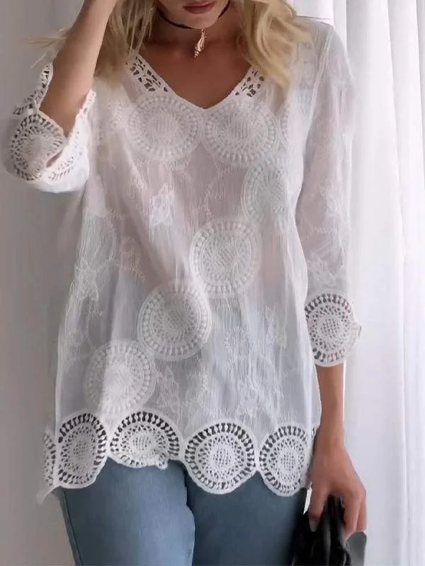 Casual V-neck Lace Hollow Top