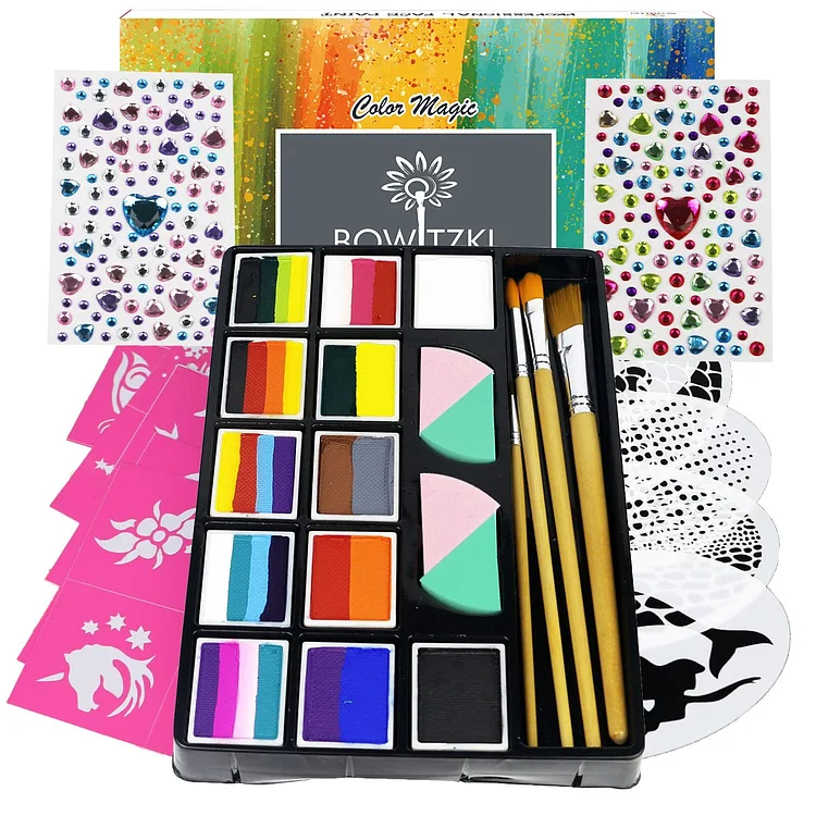 Maydear Face Painting Kit for Kids - 20 Color Water Based Makeup Palette  with Stencils, Glitters, Rainbow Split Cake, Hair Dye Clips, for Parties,  Halloween, Safe Professional Body & Face paint Kit