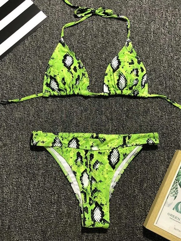 Green Snakeskin Lace Up Bikini Set