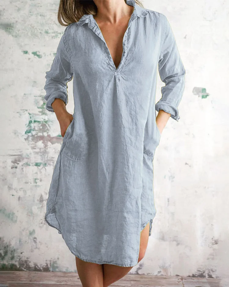 Cotton linen simple V-neck dress