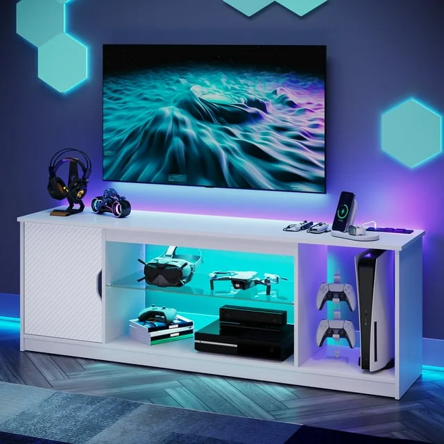 Bestier 58" LED TV Stand with Power Outlets, Ideal for 55-65" TVs, Gaming Consoles like PS5, Adjustable Shelves, Modern Gaming Entertainment Center for Living Room Bedroom,