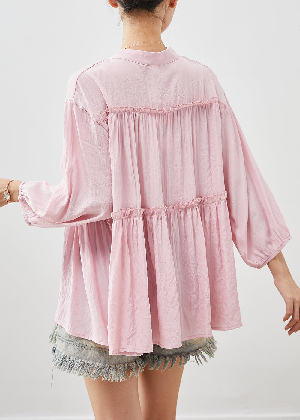 VCSHOES Pink V Neck Ruffled Cotton Tops Bracelet Sleeve