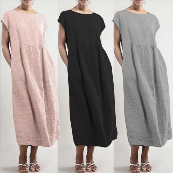 ZANZEA Women Summer Round Neck Short Sleeve Cotton Basic Dress Solid Color Dresses - Shop Trendy Women's Fashion | TeeYours