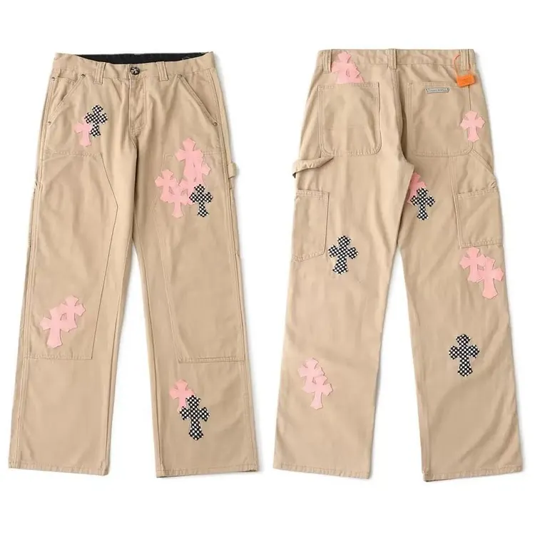 Men&rsquo;s Vintage Khaki Cargo Pants with Cross Patchwork, Straight Leg Utility Trousers, Multi-Pocket Streetwear Casual Pants