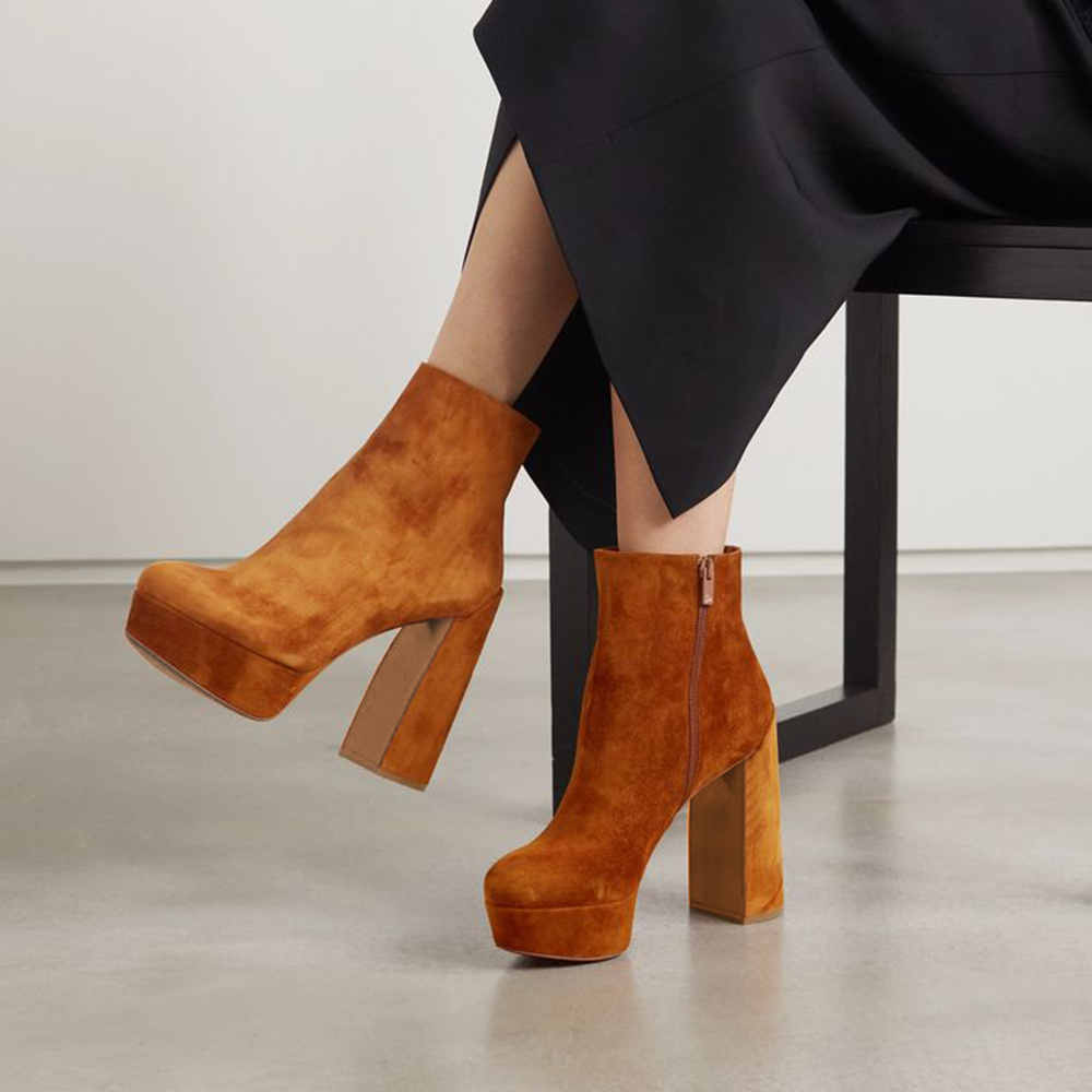 Brown Vegan Suede Closed Toe Chunky Heel Platform Winter Ankle Boots Nicepairs