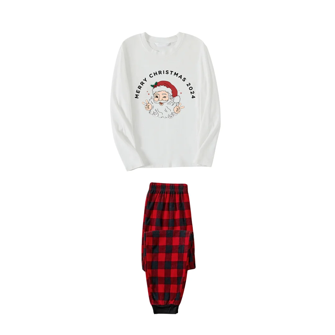 "Merry Christmas 2024" and Santa Printed Red & Black Plaid Family Matching Pajamas
