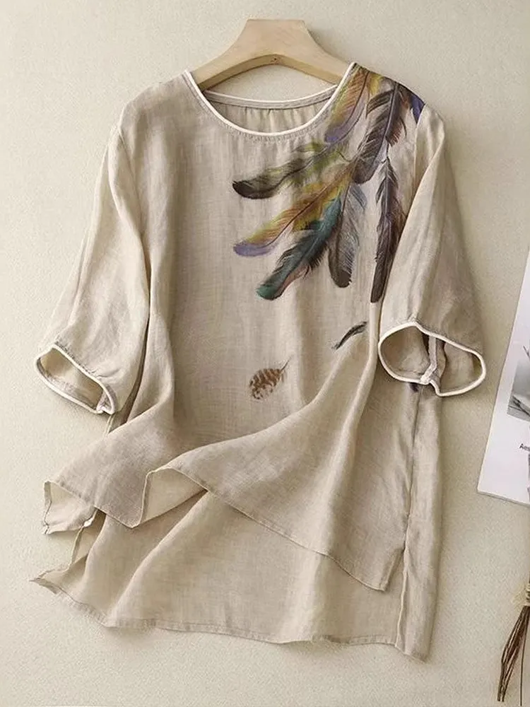 Women's Round Neck Short Sleeve Positioning Printed Casual Cotton and Linen Top