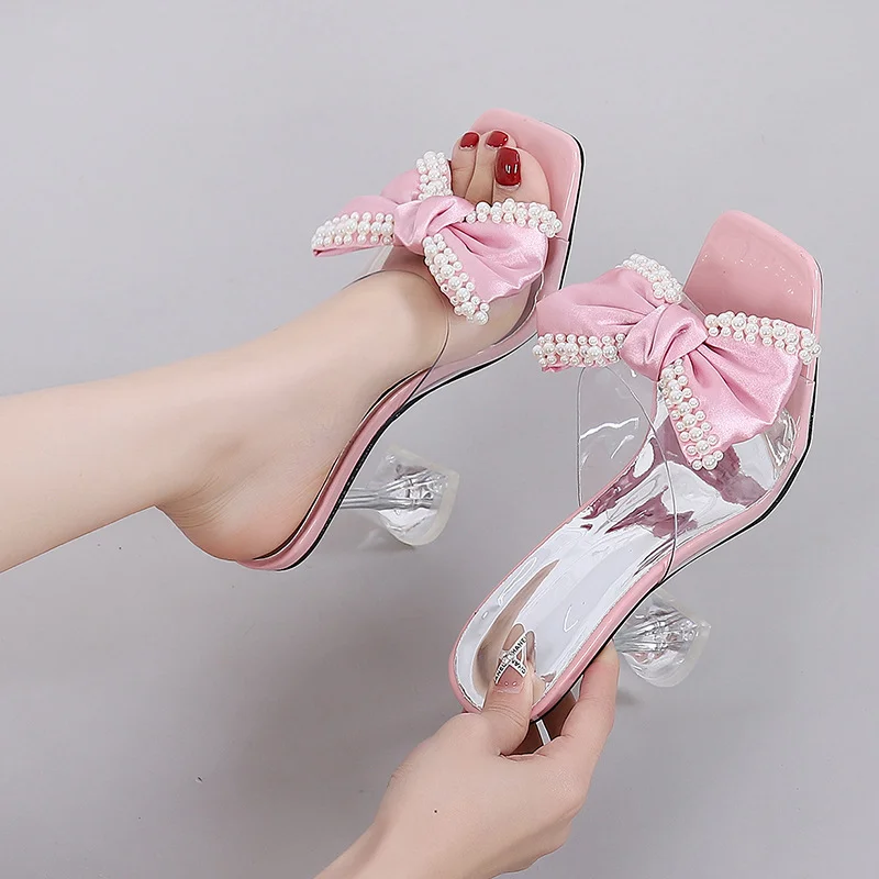 Wongn Wongn New Wine Glass With Square Head Flip-Flop Fashion Party High Heel Women's Shoes Bow Flowers